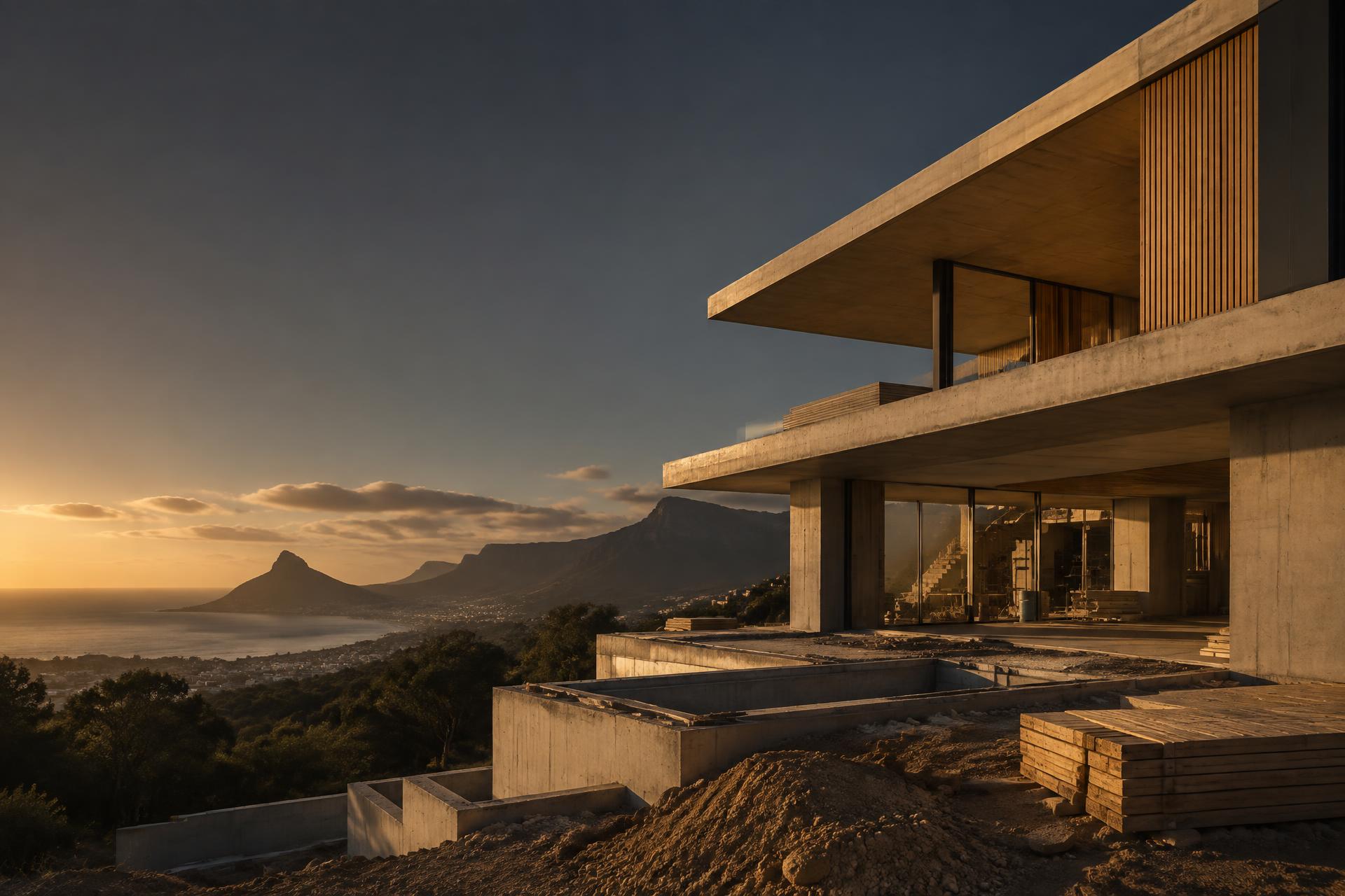 Contemporary concrete architecture under construction in warm evening light